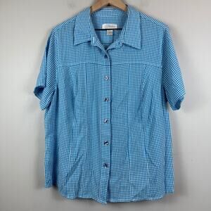 Christopher & Banks Shirt Womens 1X Blue Gingham Check Short Sleeve Button Front